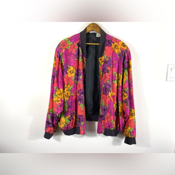 1980’s Vintage Silk Bomber Jacket Floral Vibrant Colourful Novelty Shoulder Pads - Picture 8 of 12